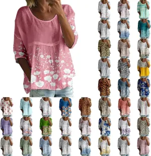 Women's Casual Boho Tops Loose Fit Bohemian 3/4 Length Sleeve Shirts Stylish Beach Summer Plus Size Blouses Tunic Top