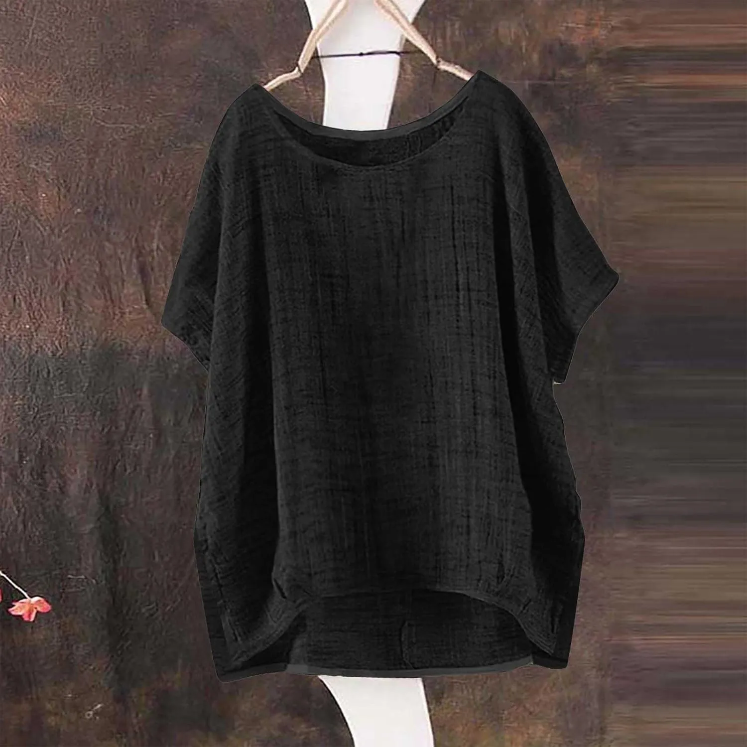Womens Casual Cotton Linen Shirts Short Sleeve Beach Summer T-Shirts Loose Solid Crewneck Vacation Travel Blouse Tops