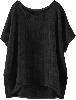 Womens Casual Cotton Linen Shirts Short Sleeve Beach Summer T-Shirts Loose Solid Crewneck Vacation Travel Blouse Tops