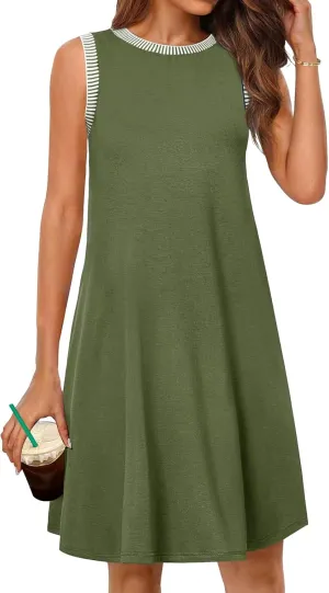 Womens Casual Summer Dresses Spring Sleeveless Crewneck Beach Sundress Loose Trendy Vacation Coverup Tank Mini Dress