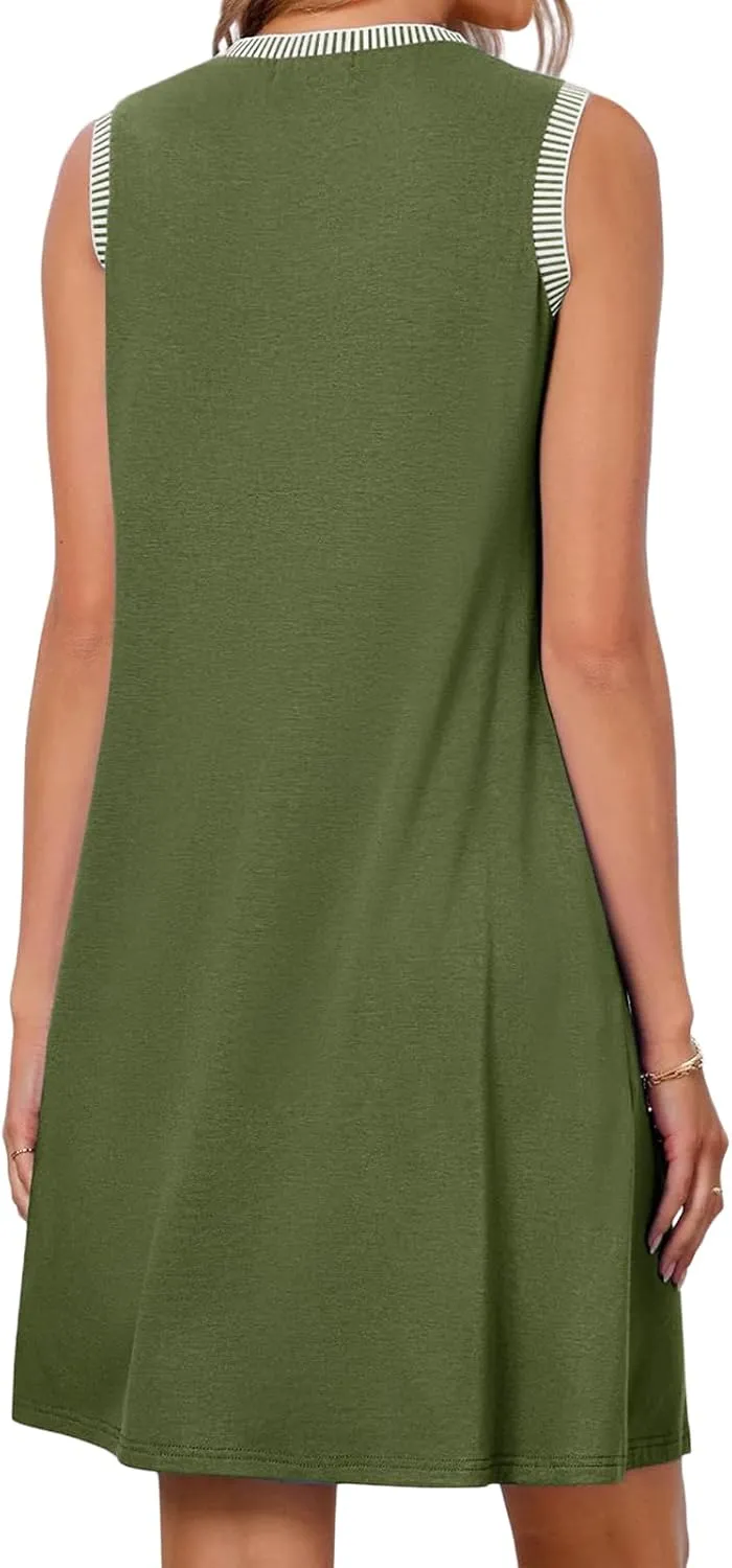 Womens Casual Summer Dresses Spring Sleeveless Crewneck Beach Sundress Loose Trendy Vacation Coverup Tank Mini Dress