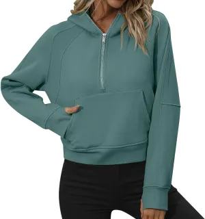 Women's Casual Workout Hoodies Trendy Half Zipper Pockets Cropped Sweatshirt Tops Long Sleeve Solid Color Pullover