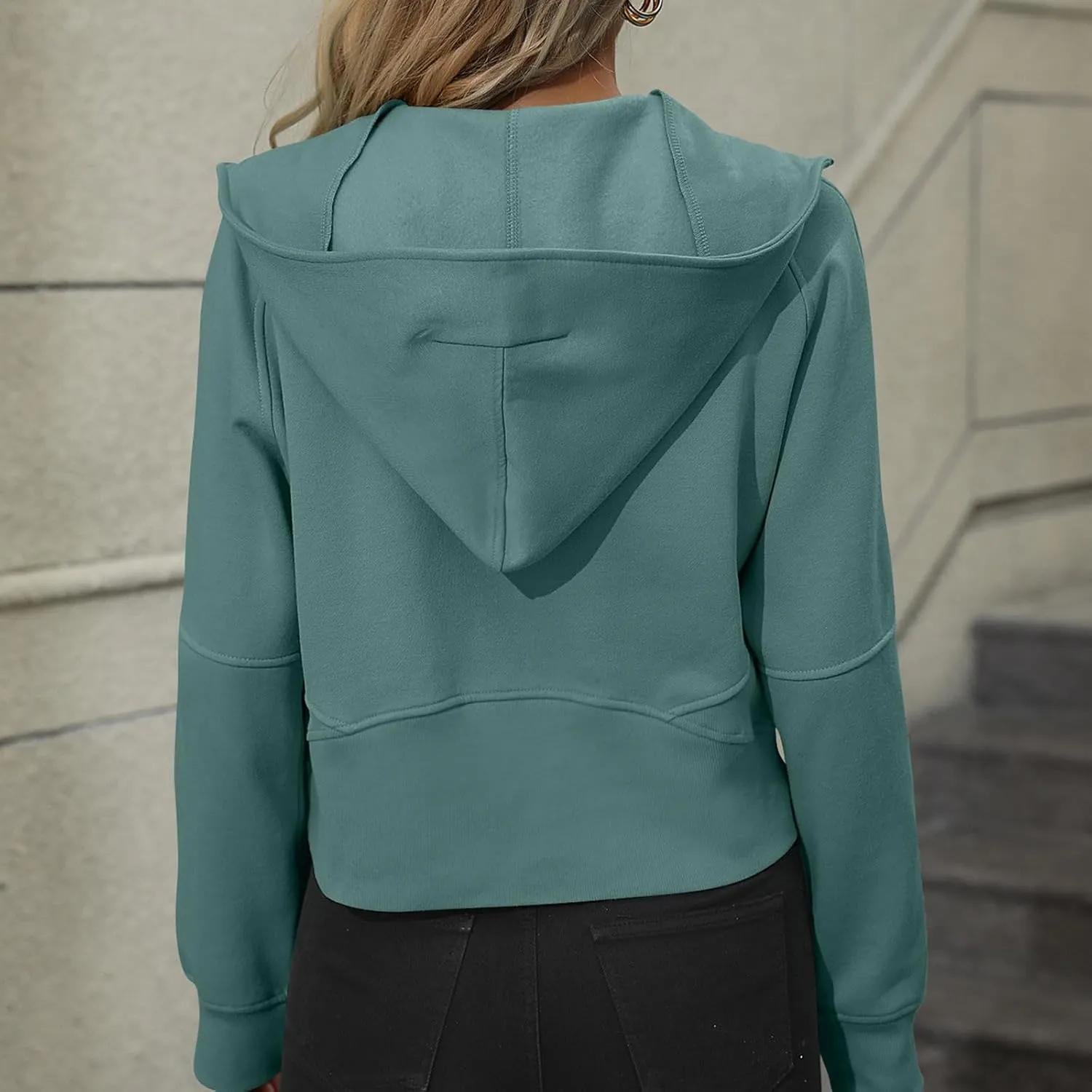 Women's Casual Workout Hoodies Trendy Half Zipper Pockets Cropped Sweatshirt Tops Long Sleeve Solid Color Pullover