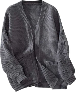 Women's Chunky Knit Open Front Sweater Solid V Neck Long Sleeve Loose Fashion Cardigan Outerwear Coats with Pockets