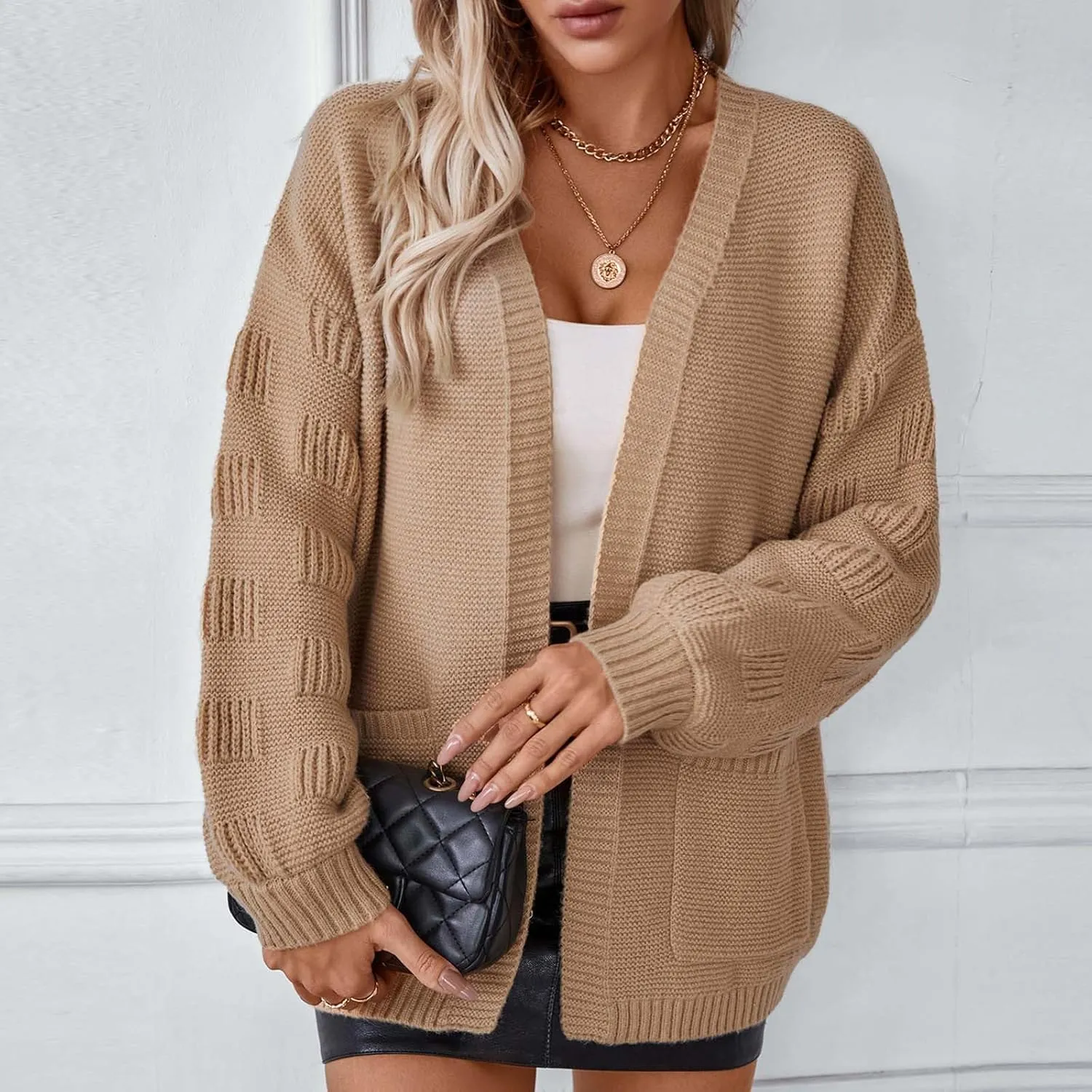 Women's Chunky Knit Open Front Sweater Solid V Neck Long Sleeve Loose Fashion Cardigan Outerwear Coats with Pockets