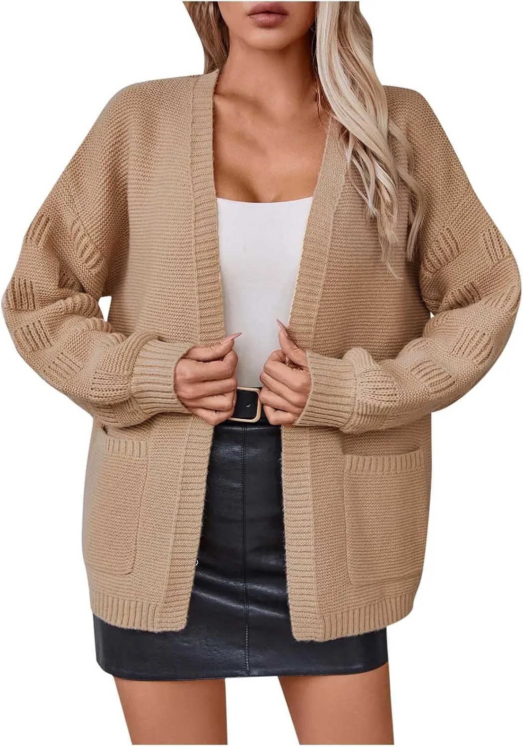 Women's Chunky Knit Open Front Sweater Solid V Neck Long Sleeve Loose Fashion Cardigan Outerwear Coats with Pockets