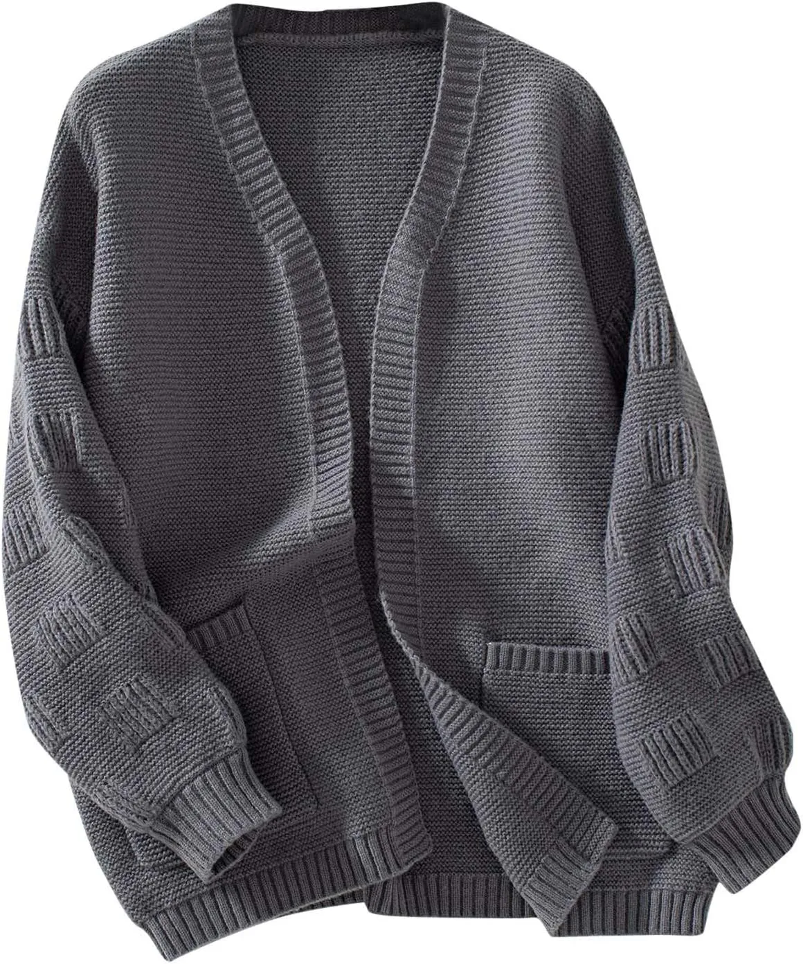 Women's Chunky Knit Open Front Sweater Solid V Neck Long Sleeve Loose Fashion Cardigan Outerwear Coats with Pockets