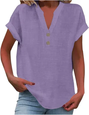 Womens Cotton Linen Shirts 2025 Summer Casual Half Button V Neck Short Sleeve Tunic Tops Trendy Business Work Blouses