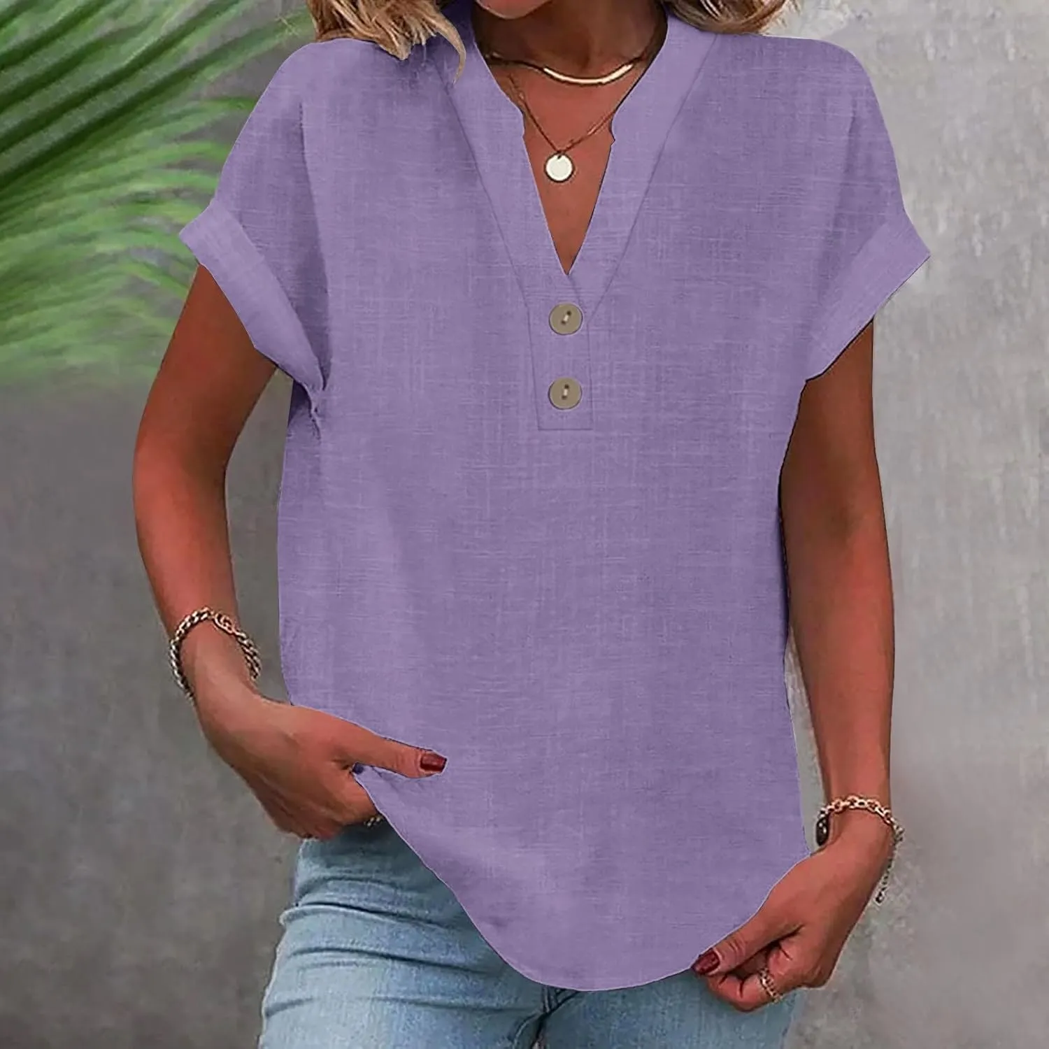 Womens Cotton Linen Shirts 2025 Summer Casual Half Button V Neck Short Sleeve Tunic Tops Trendy Business Work Blouses