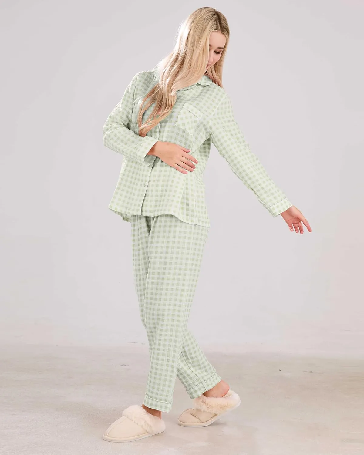Womens Cotton Pajama Sets Long Sleeve Button Down Shirt and Pants Sleepwear 2 Piece Gingham Pj Set