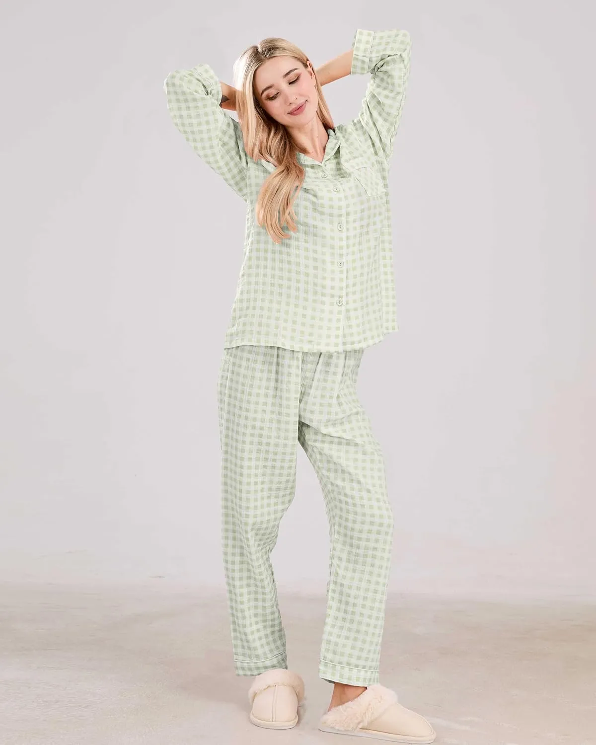 Womens Cotton Pajama Sets Long Sleeve Button Down Shirt and Pants Sleepwear 2 Piece Gingham Pj Set