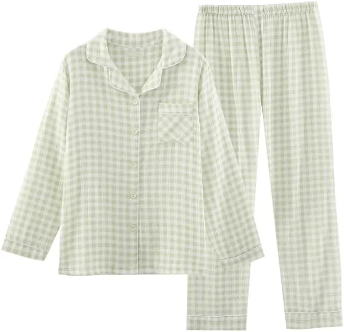 Womens Cotton Pajama Sets Long Sleeve Button Down Shirt and Pants Sleepwear 2 Piece Gingham Pj Set