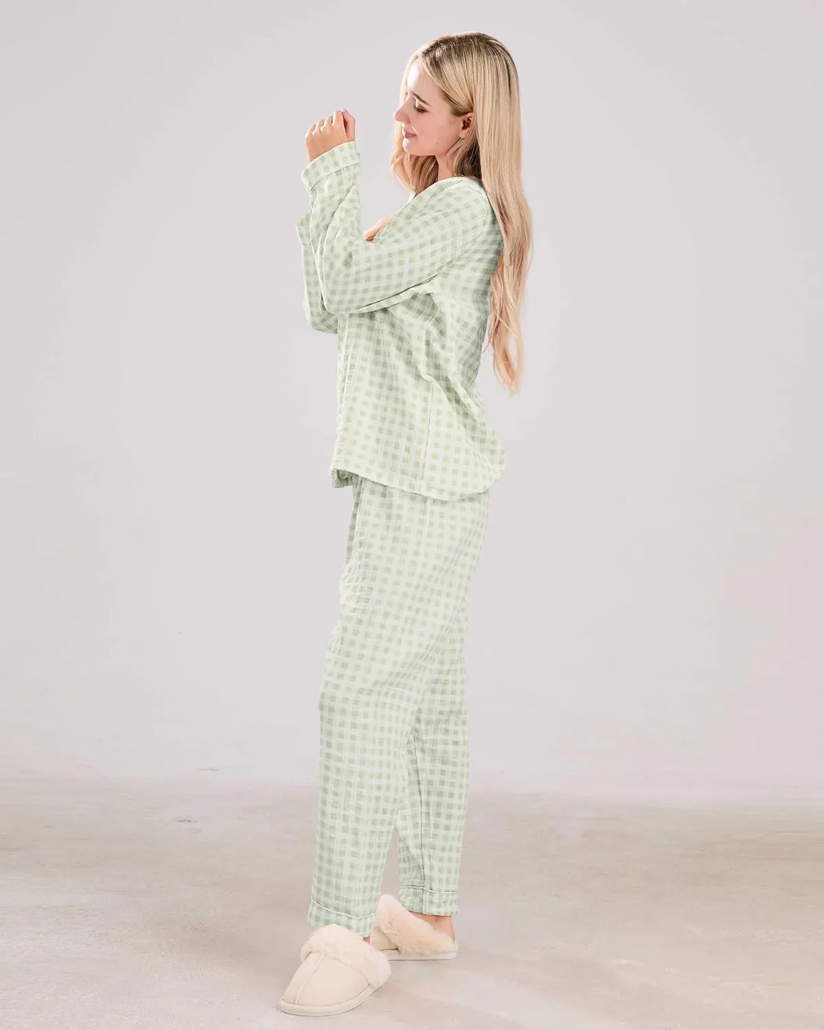 Womens Cotton Pajama Sets Long Sleeve Button Down Shirt and Pants Sleepwear 2 Piece Gingham Pj Set