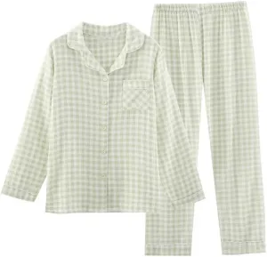 Womens Cotton Pajama Sets Long Sleeve Button Down Shirt and Pants Sleepwear 2 Piece Gingham Pj Set