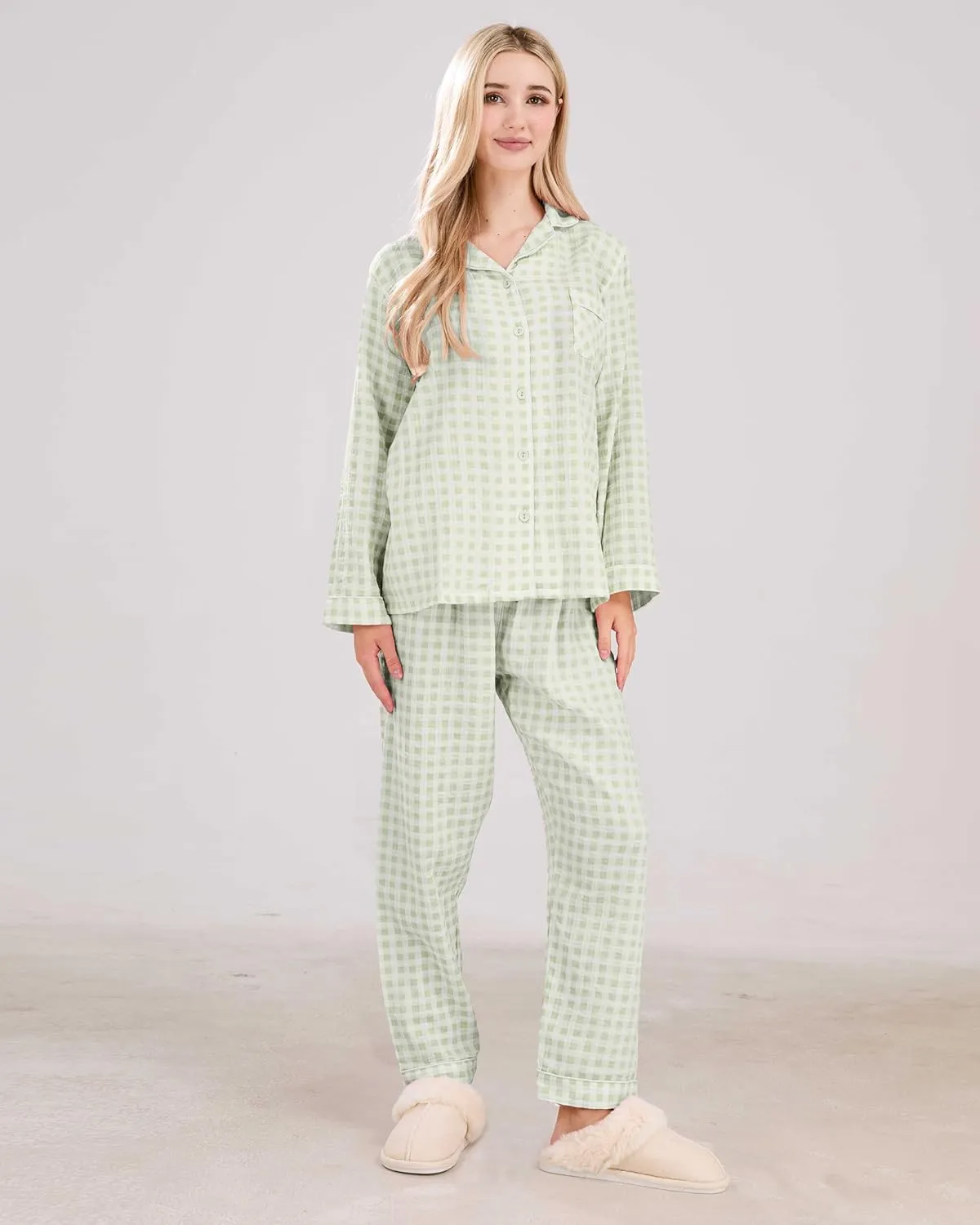 Womens Cotton Pajama Sets Long Sleeve Button Down Shirt and Pants Sleepwear 2 Piece Gingham Pj Set