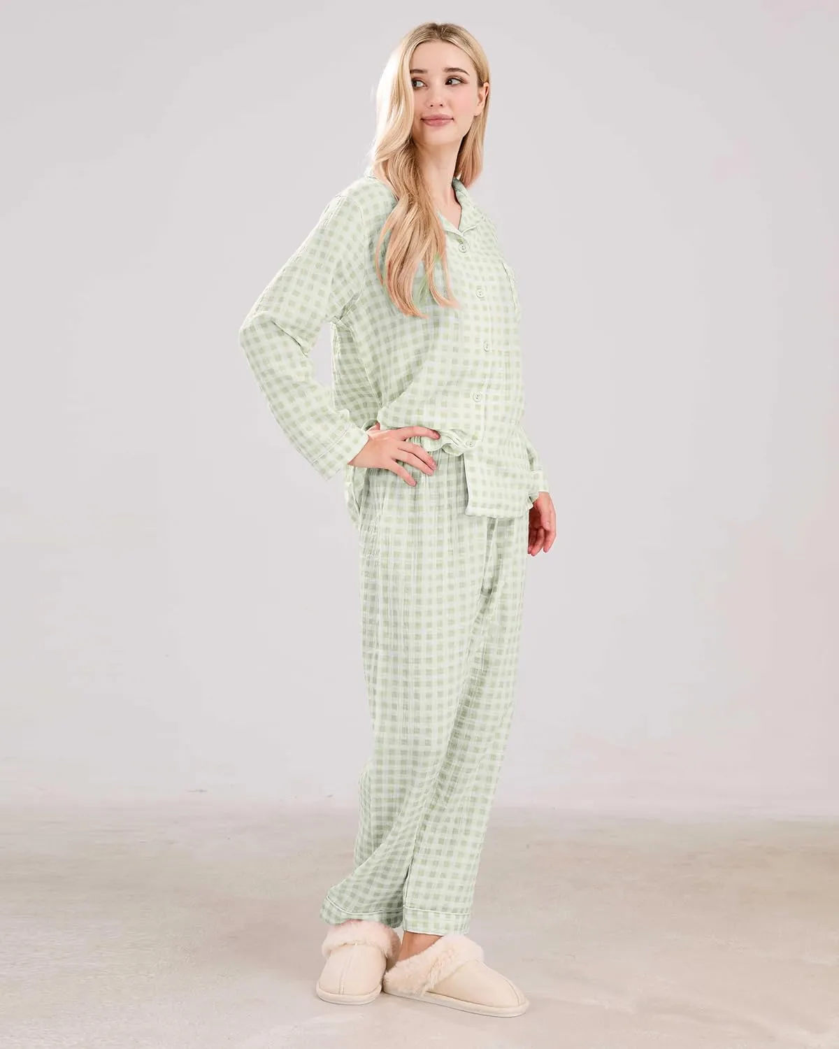 Womens Cotton Pajama Sets Long Sleeve Button Down Shirt and Pants Sleepwear 2 Piece Gingham Pj Set