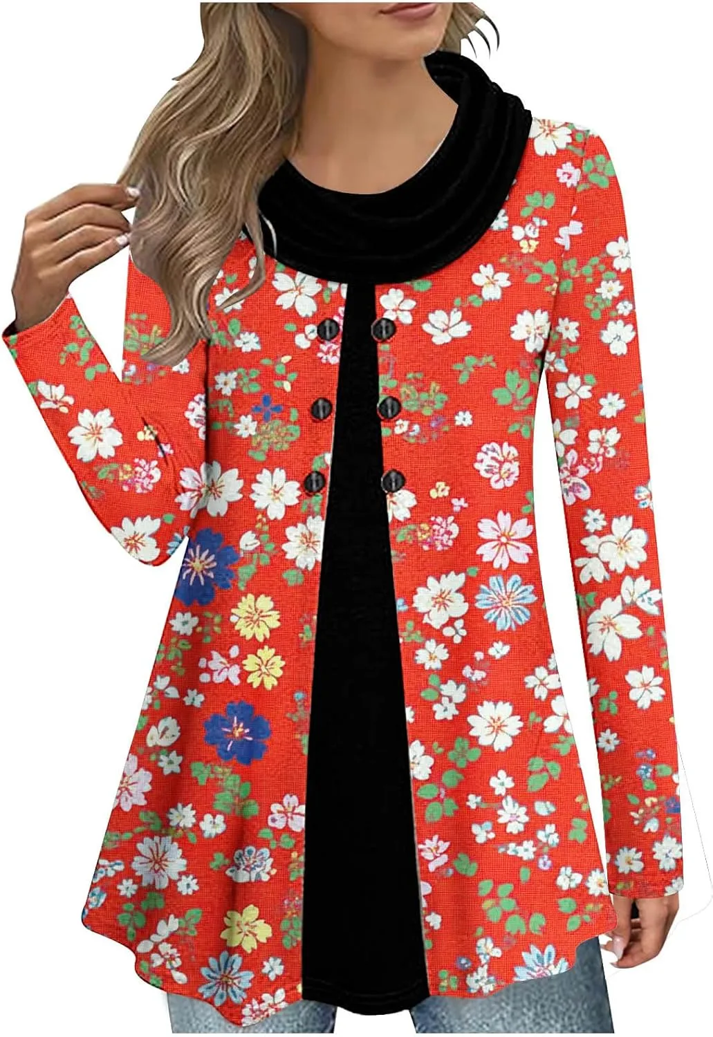 Womens Cowl Neck Tops Dressy Casual Long Sleeve Tops Plus Size Print Tops Casual Trendy Tops Fashion Tunic Tops