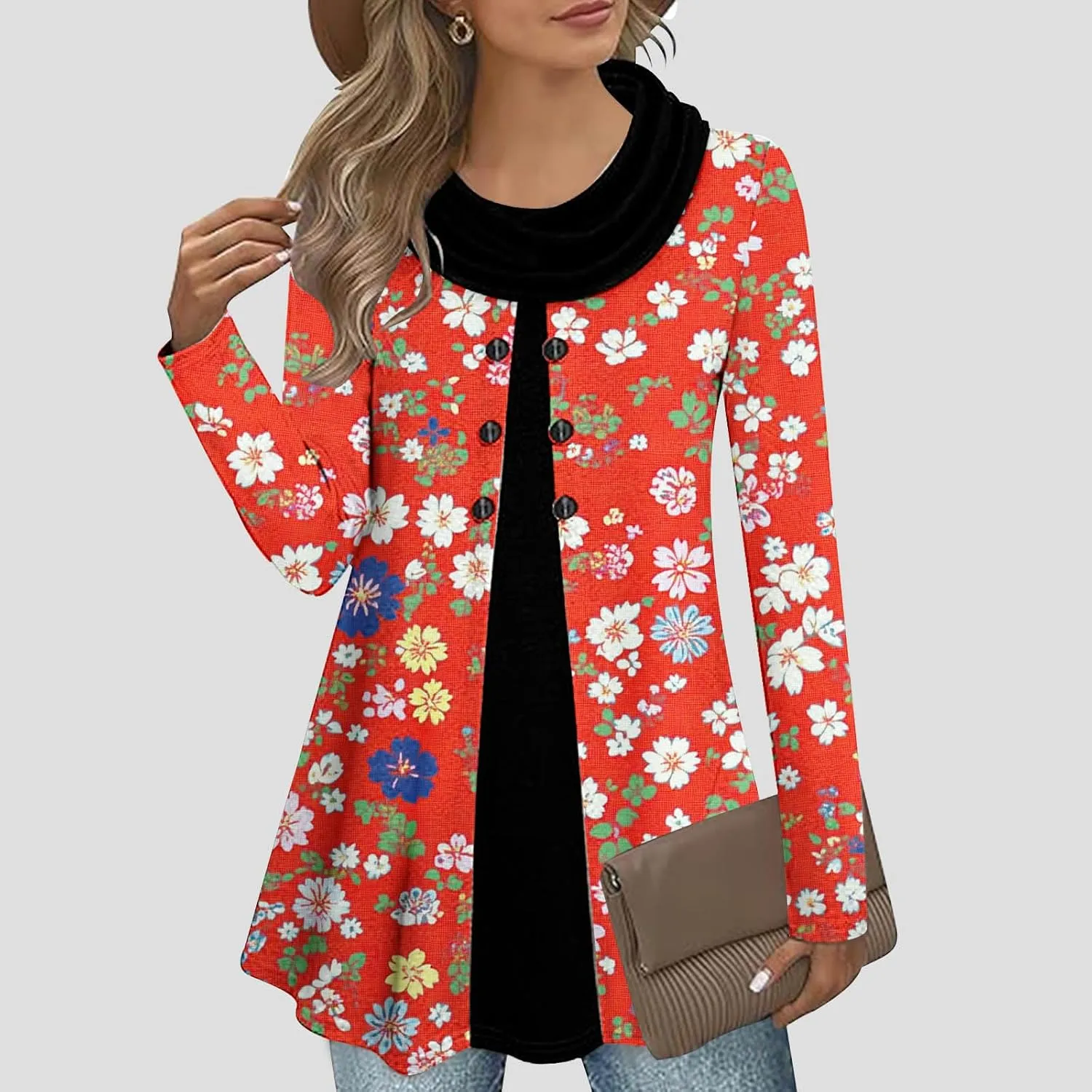Womens Cowl Neck Tops Dressy Casual Long Sleeve Tops Plus Size Print Tops Casual Trendy Tops Fashion Tunic Tops