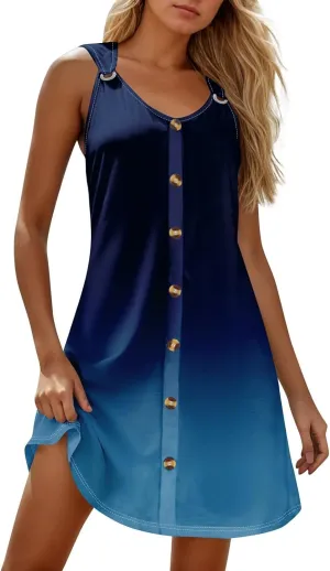 Womens Dresses Casual Plus Size Tank Dress Mini Dress Button Down V Neck Sleeveless Sundress Summer Clothes