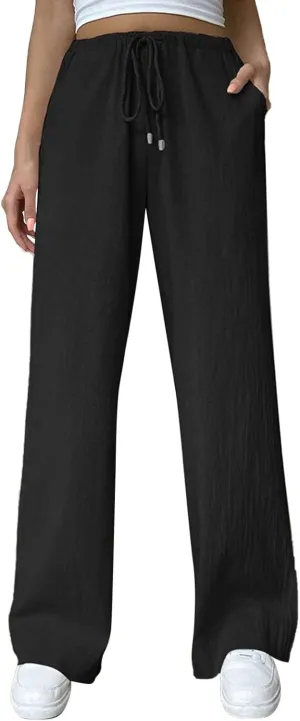 Women's Elastic High Waist Drawstring Trousers Solid Casual Straight Wide Leg Comfy Soft Loose Fittted Yoga Sweatpant