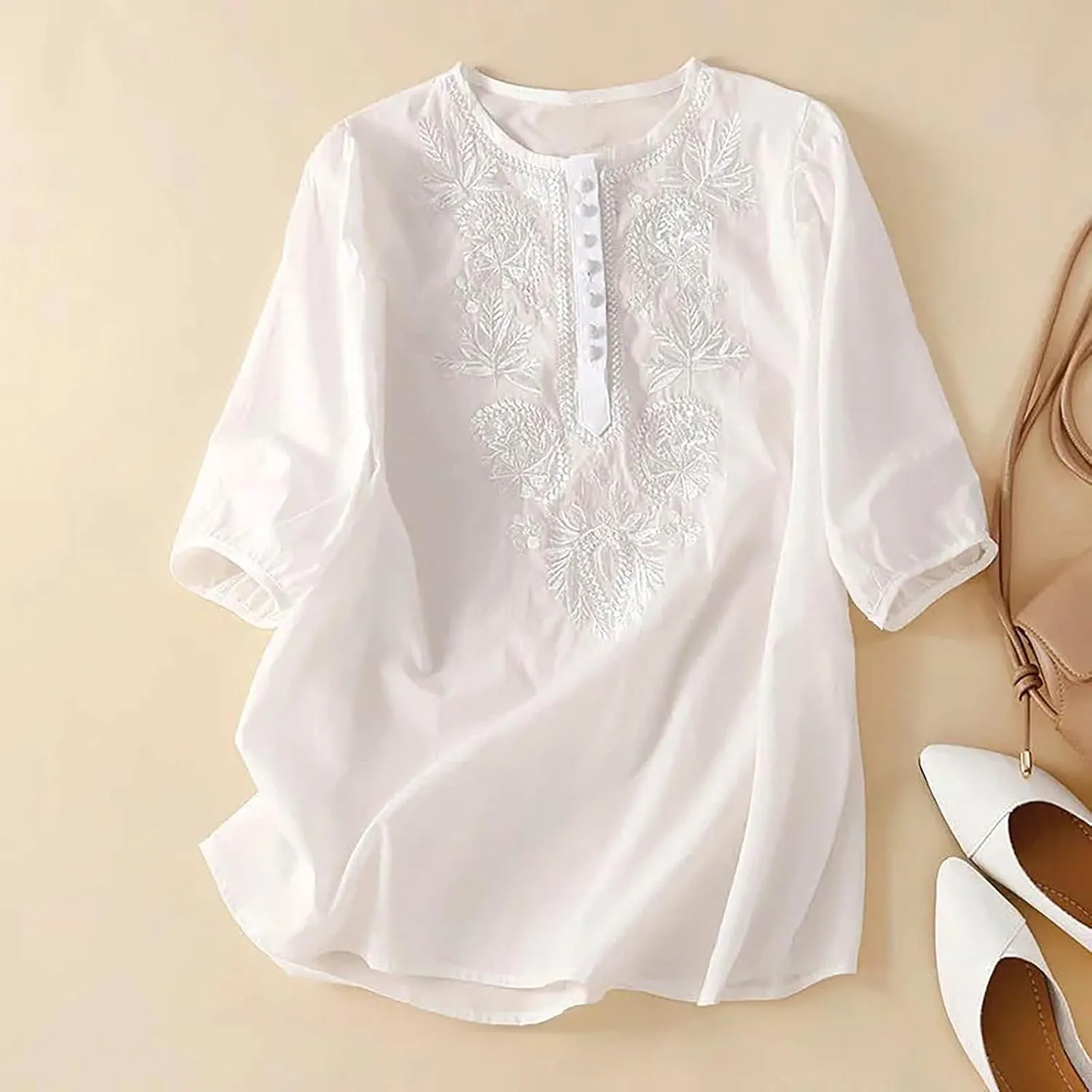 Womens Elbow Sleeve Linen Shirts Summer Vintage Embroidered Blouse Dressy Casual Button Henley Tee Tops Boho Tunic