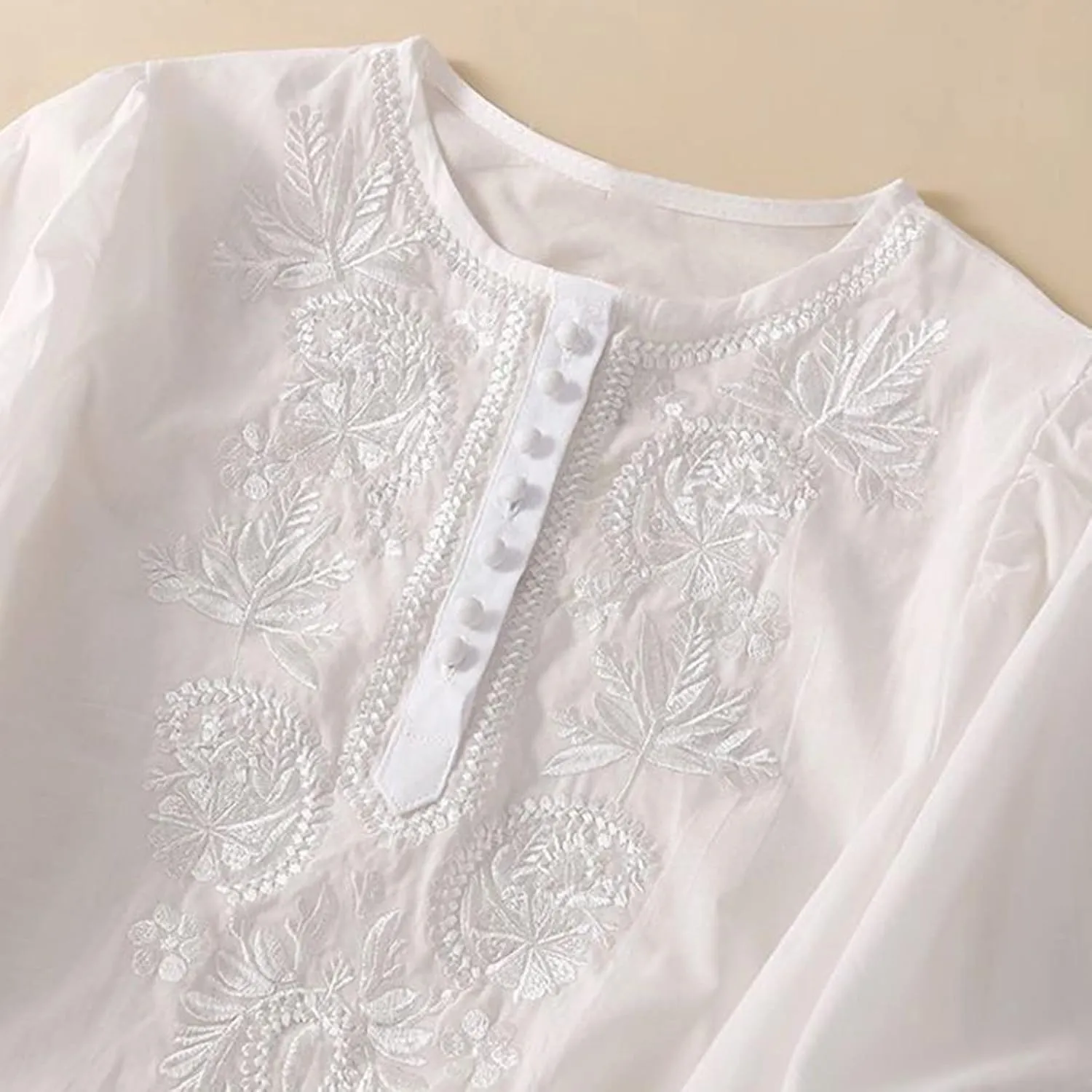 Womens Elbow Sleeve Linen Shirts Summer Vintage Embroidered Blouse Dressy Casual Button Henley Tee Tops Boho Tunic