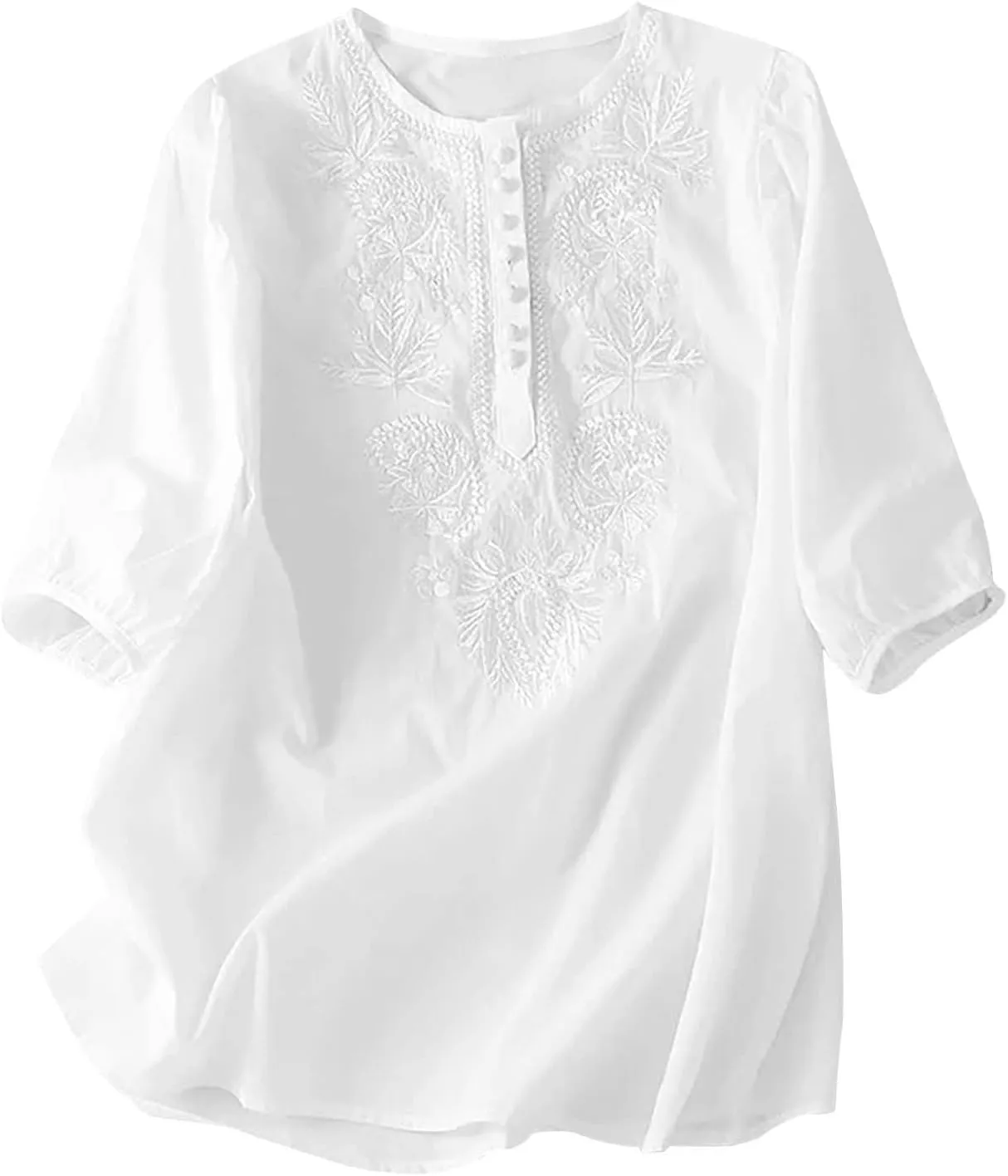Womens Elbow Sleeve Linen Shirts Summer Vintage Embroidered Blouse Dressy Casual Button Henley Tee Tops Boho Tunic