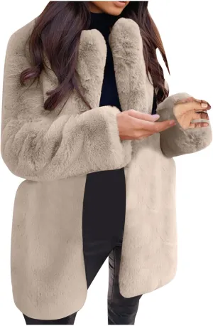 Women's Fashion Cropped Faux Fur Jacket Long Sleeve Open Front Cardigan Casual Fluffy Parka Shaggy Classic Short Coat