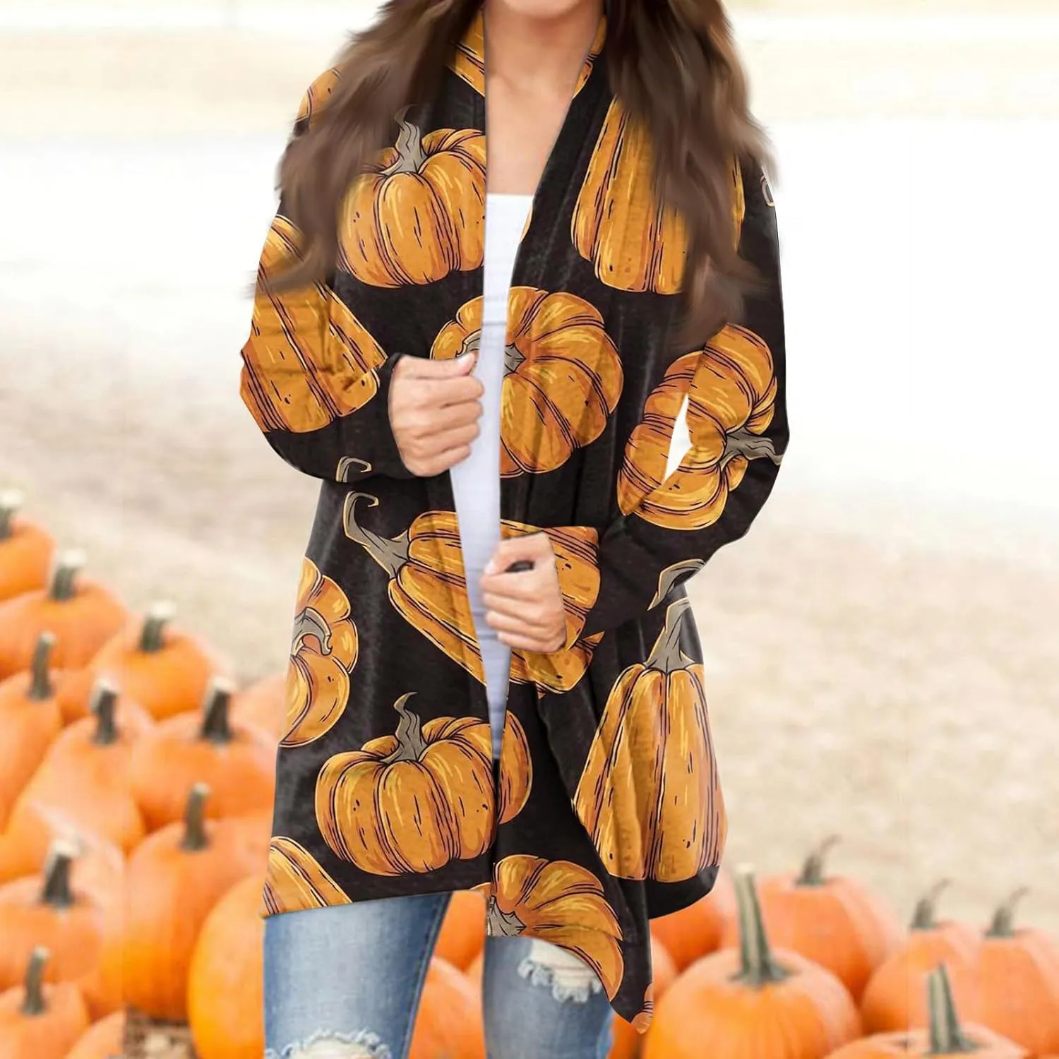 Womens Fashion Halloween Long Sleeve Cardigan Fall Open Front Cardigan Pumpkin Print Medium Length Coat