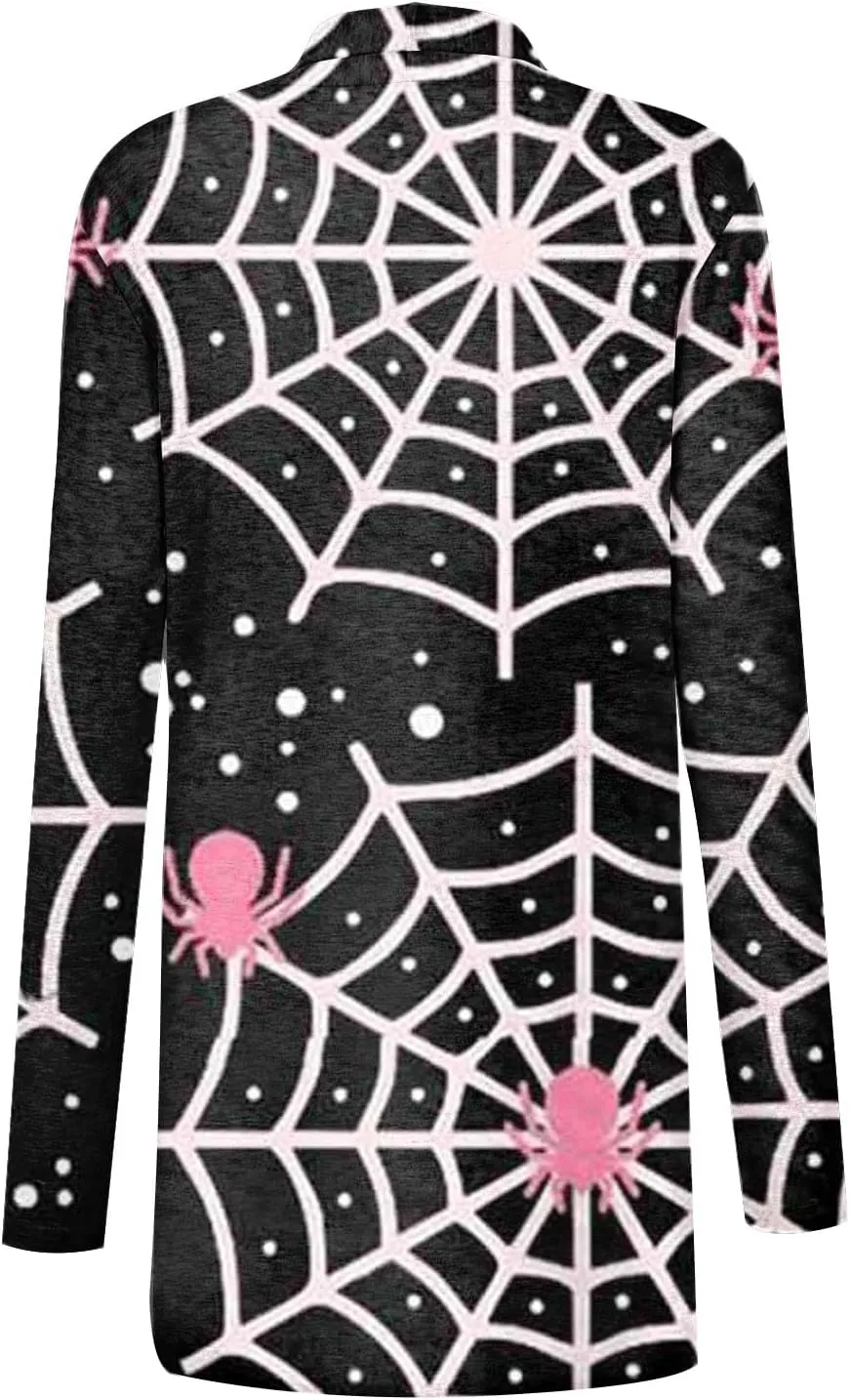Womens Fashion Halloween Long Sleeve Cardigan Fall Open Front Cardigan Pumpkin Print Medium Length Coat