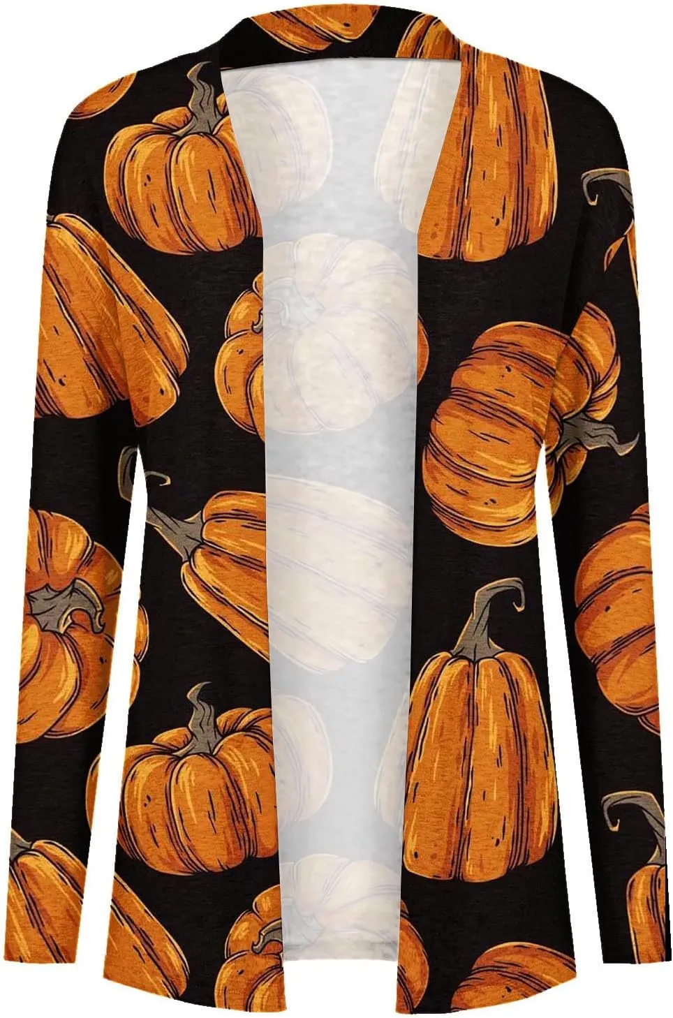 Womens Fashion Halloween Long Sleeve Cardigan Fall Open Front Cardigan Pumpkin Print Medium Length Coat