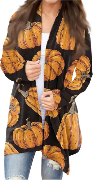 Womens Fashion Halloween Long Sleeve Cardigan Fall Open Front Cardigan Pumpkin Print Medium Length Coat