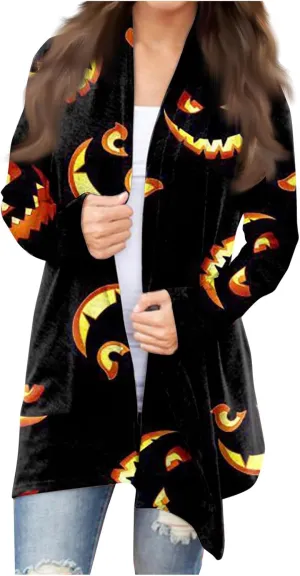 Womens Fashion Halloween Long Sleeve Cardigan Fall Open Front Cardigan Pumpkin Print Medium Length Coat