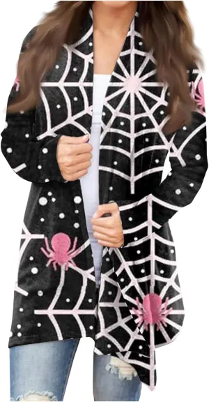 Womens Fashion Halloween Long Sleeve Cardigan Fall Open Front Cardigan Pumpkin Print Medium Length Coat