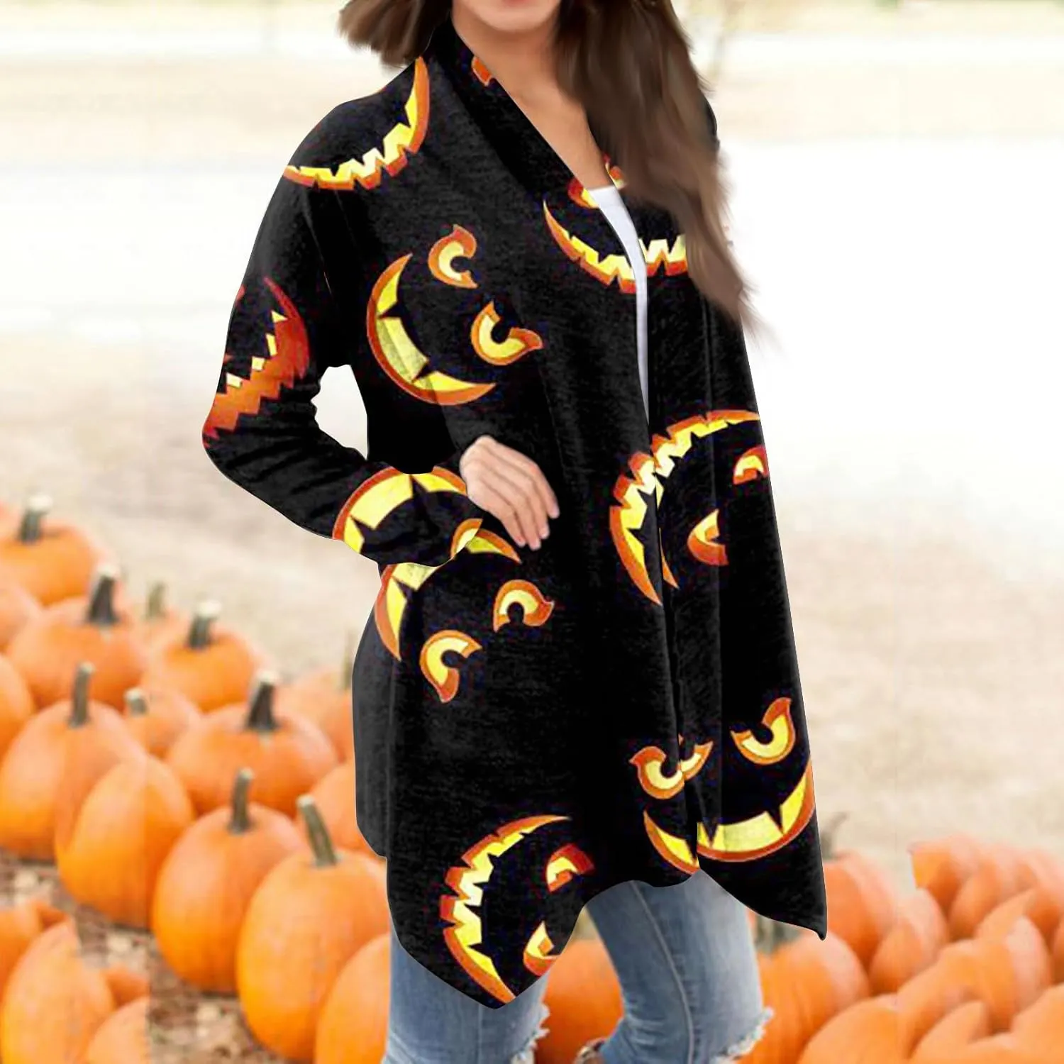Womens Fashion Halloween Long Sleeve Cardigan Fall Open Front Cardigan Pumpkin Print Medium Length Coat