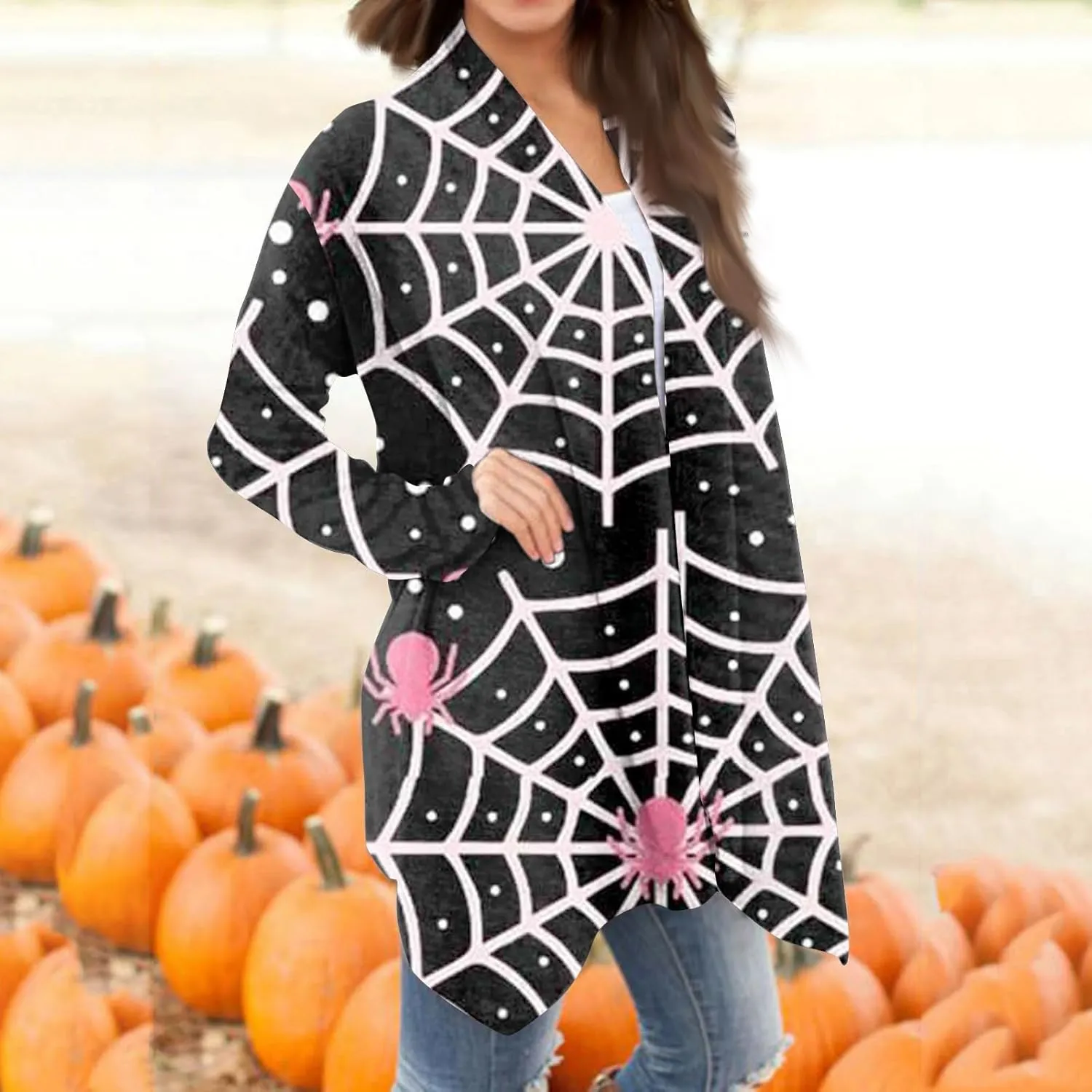 Womens Fashion Halloween Long Sleeve Cardigan Fall Open Front Cardigan Pumpkin Print Medium Length Coat