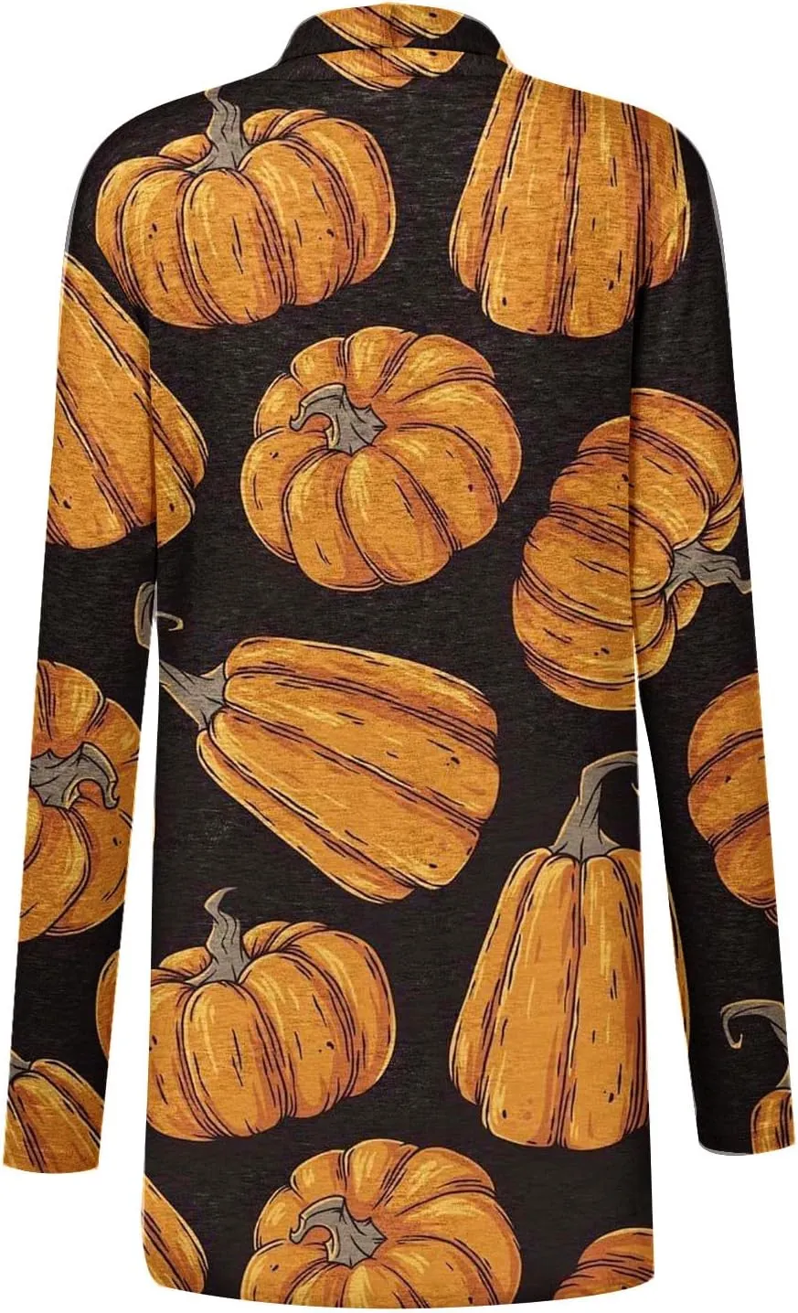 Womens Fashion Halloween Long Sleeve Cardigan Fall Open Front Cardigan Pumpkin Print Medium Length Coat