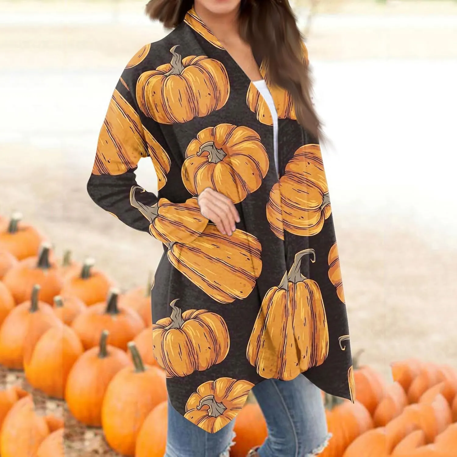Womens Fashion Halloween Long Sleeve Cardigan Fall Open Front Cardigan Pumpkin Print Medium Length Coat