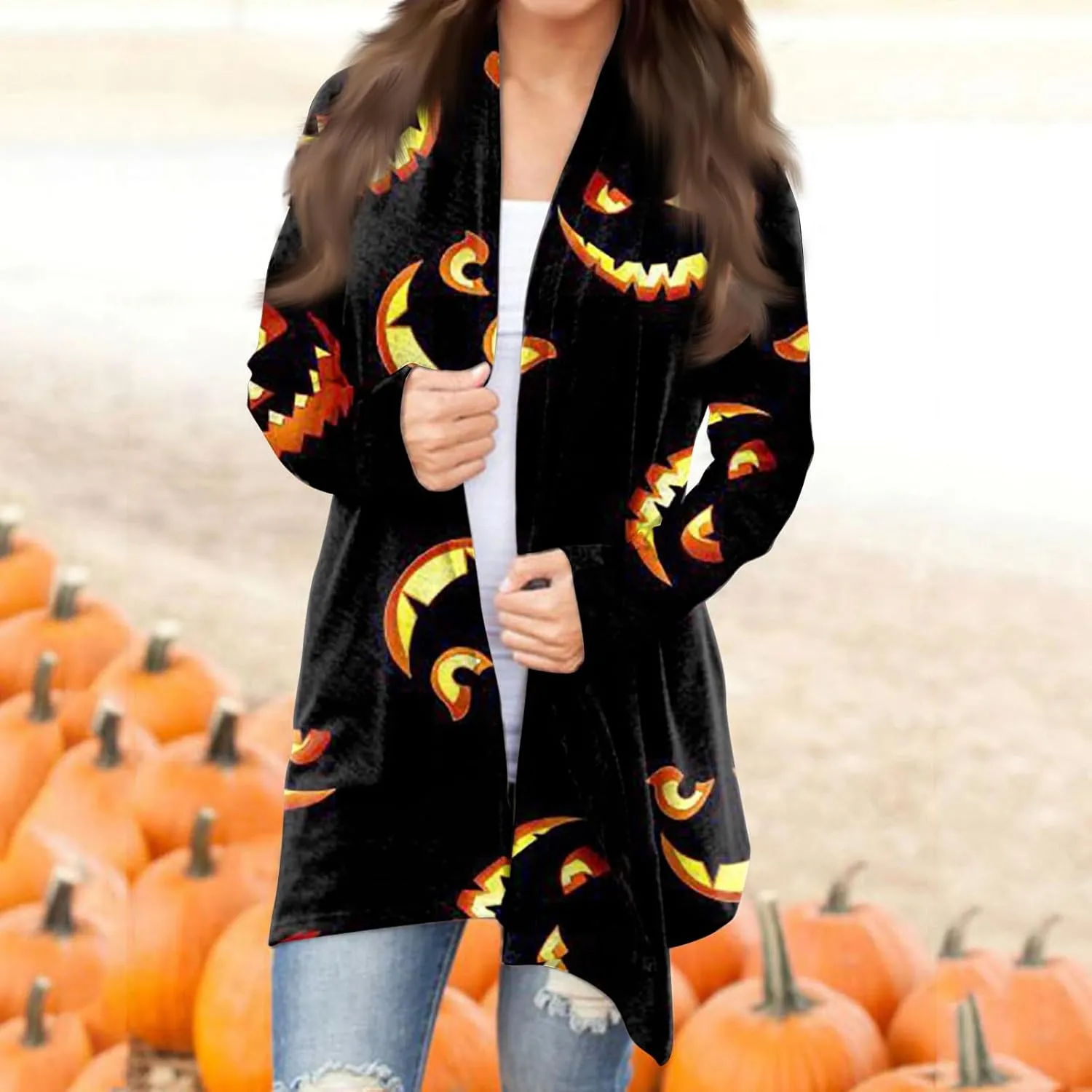 Womens Fashion Halloween Long Sleeve Cardigan Fall Open Front Cardigan Pumpkin Print Medium Length Coat