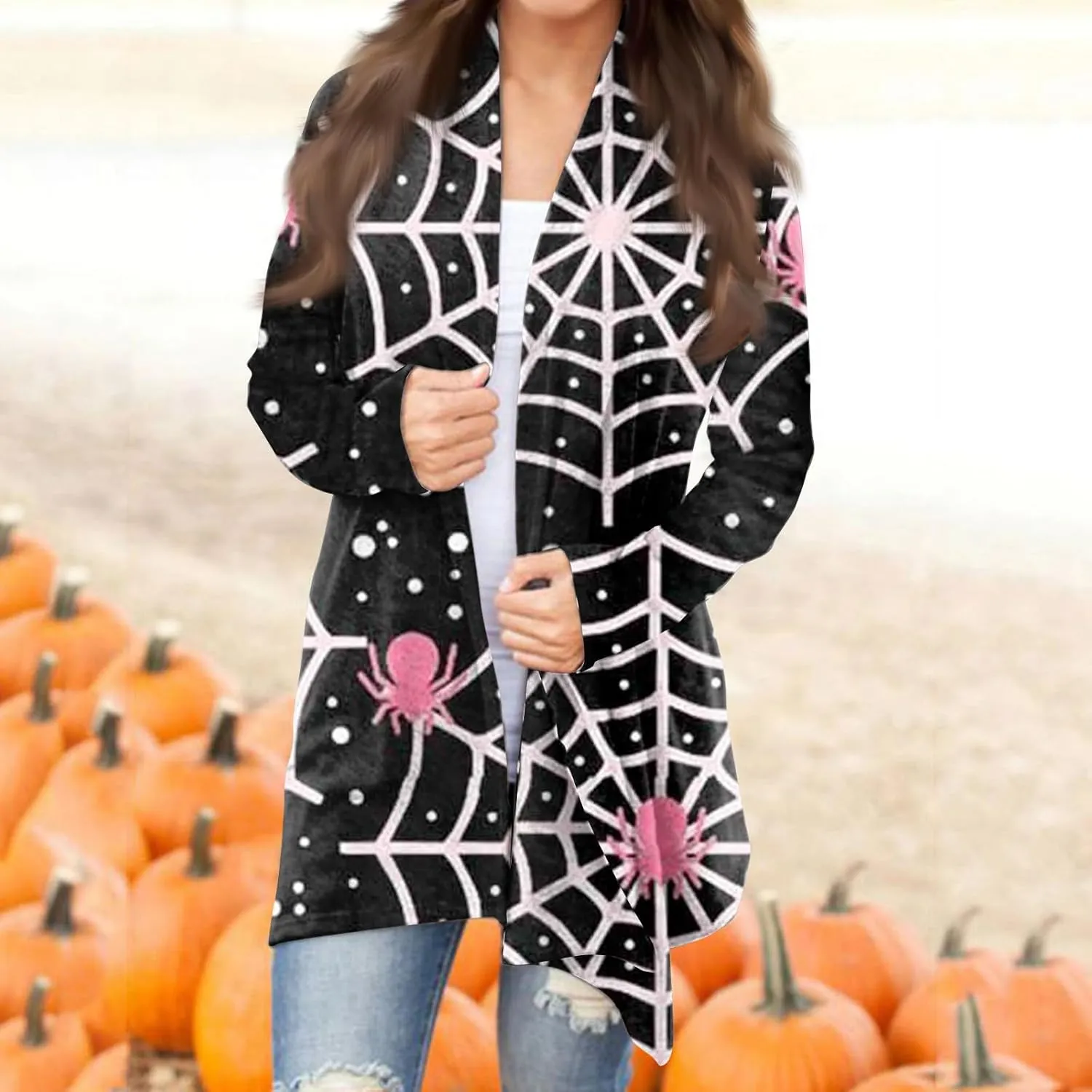 Womens Fashion Halloween Long Sleeve Cardigan Fall Open Front Cardigan Pumpkin Print Medium Length Coat