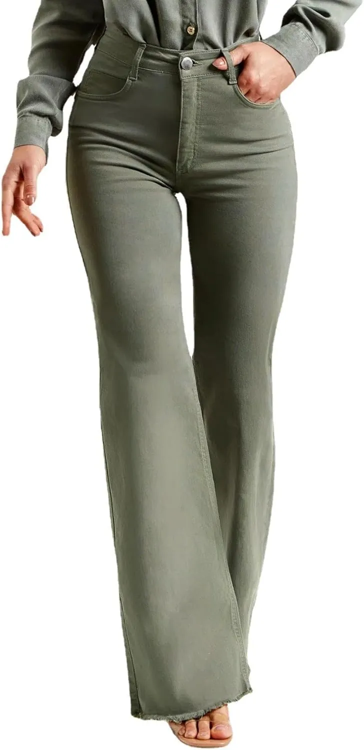 Womens Flared Denim Pants Long Length Mid Rise Olive Green Frayed Hem Slim Fit Stretch Fashion Bottoms Trousers Jeans