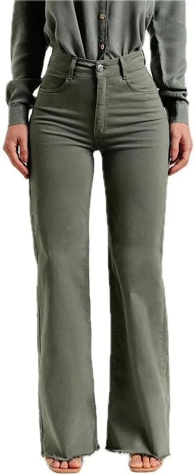 Womens Flared Denim Pants Long Length Mid Rise Olive Green Frayed Hem Slim Fit Stretch Fashion Bottoms Trousers Jeans
