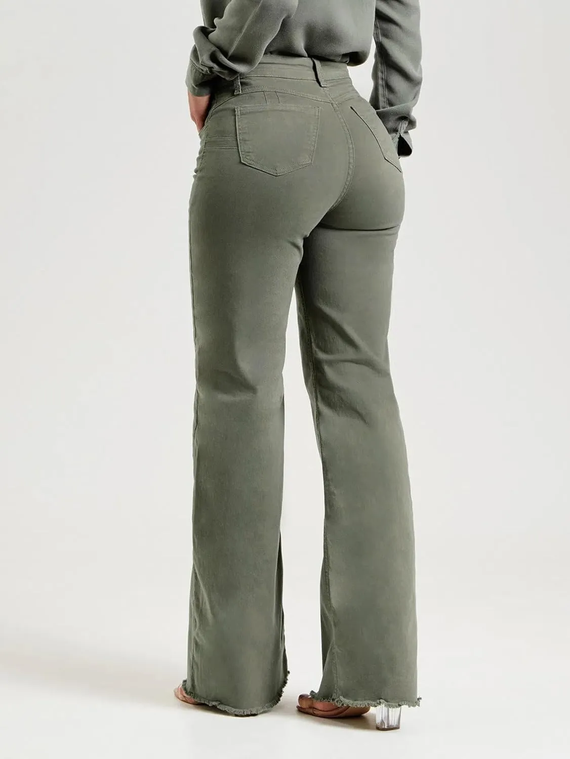 Womens Flared Denim Pants Long Length Mid Rise Olive Green Frayed Hem Slim Fit Stretch Fashion Bottoms Trousers Jeans