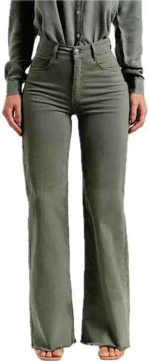 Womens Flared Denim Pants Long Length Mid Rise Olive Green Frayed Hem Slim Fit Stretch Fashion Bottoms Trousers Jeans