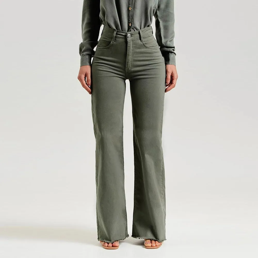 Womens Flared Denim Pants Long Length Mid Rise Olive Green Frayed Hem Slim Fit Stretch Fashion Bottoms Trousers Jeans