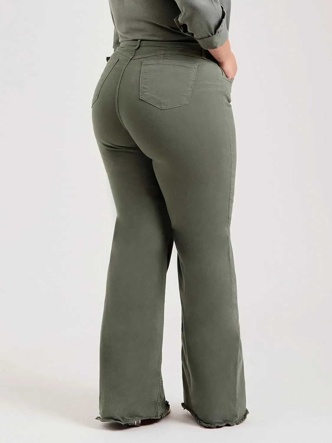 Womens Flared Denim Pants Long Length Mid Rise Olive Green Frayed Hem Slim Fit Stretch Fashion Bottoms Trousers Jeans