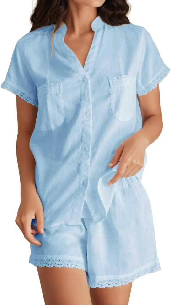 Womens Floral Pajama Sets Short Sleeve Button Down Shirt and Shorts Summer 2 Piece Sleepwear
