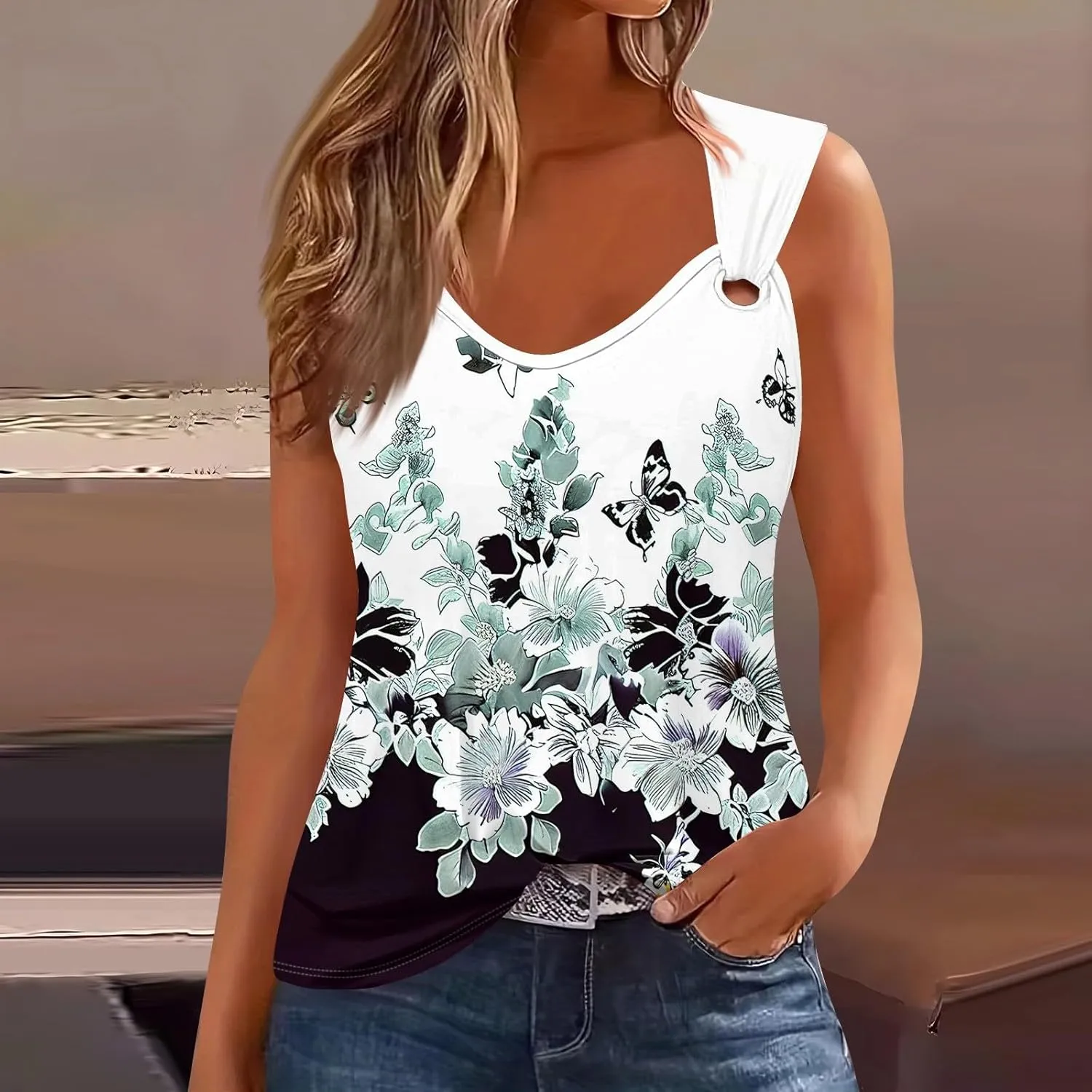 Women's Floral Print Sleeveless Top with Detail Casual Summer Blouse Lightweight and Breathable Fabric