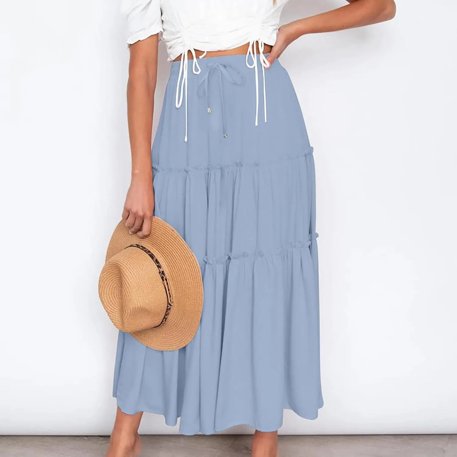 Women's Flowy Boho Maxi Skirt Summer Long Skirts Trendy High Waist Pleated Tiered A Line Beach Mid Calf Skirt