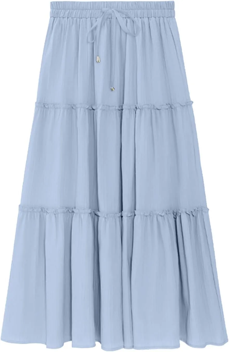 Women's Flowy Boho Maxi Skirt Summer Long Skirts Trendy High Waist Pleated Tiered A Line Beach Mid Calf Skirt